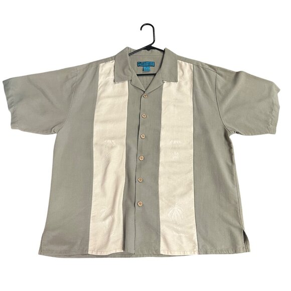 Paradise Blue Men's XL 100% Silk Hawaiian Shirt Palm Trees Olive & Ivory - Picture 1 of 10